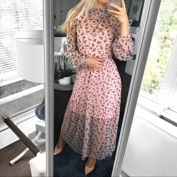 🆕BLUSH FLORAL FISHNET HIGH NECK LONG SLEEVE DRESS - Picture 2 of 11
